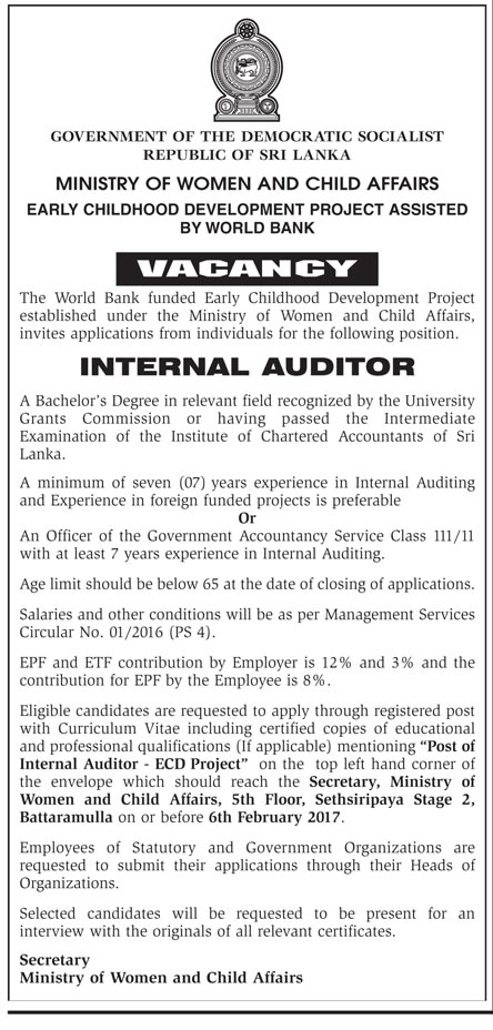 Internal Auditor - Ministry of Women & Child Affairs